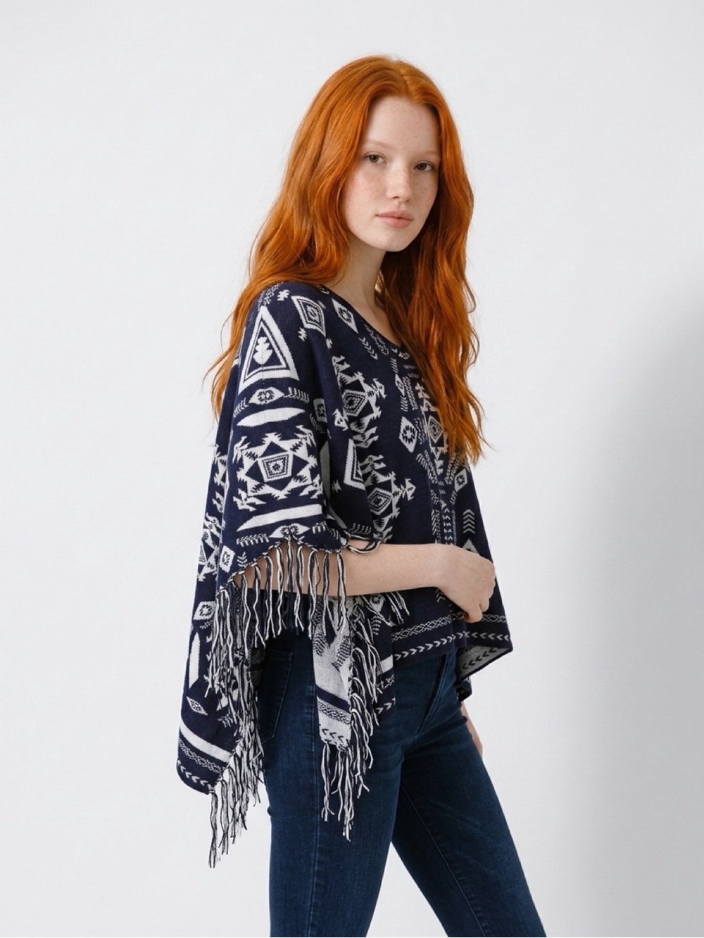 H&M Navy and White Geometric Fringe Poncho
